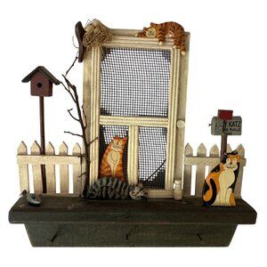 Handcrafted Wooden Cat-Themed Wall Decor With Fence Window & Birdhouse Accent 9"
